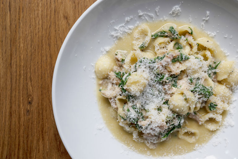 Orecchiette with braised rabbit and Swiss chard