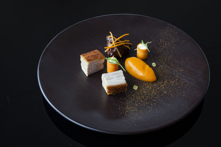 Braised pork belly and cheeks, pickled carrot, ginger and coriander