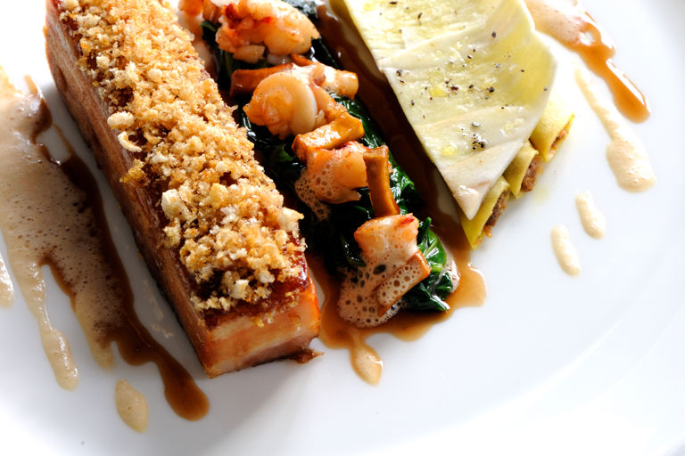 Slow cooked island pork belly with local lobster and cep cannelloni