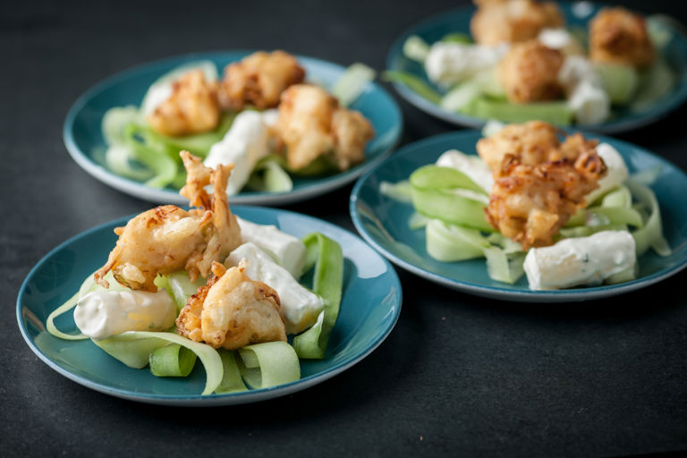 Cod popcorn with cucumber and potato salad