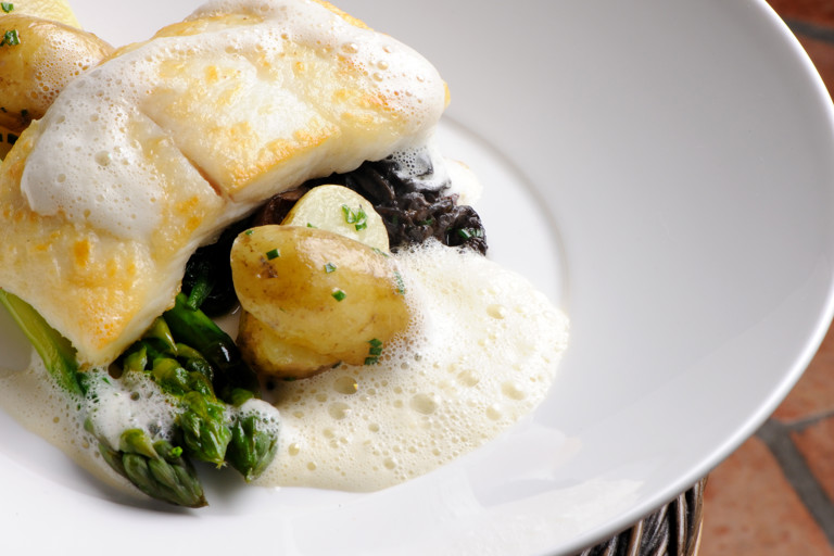 Wild halibut with morels, wild garlic and Jersey Royals