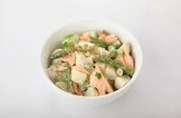 Hot smoked salmon potato salad with asparagus and horseradish dressing