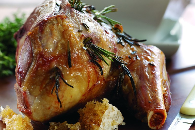 Roast leg of lamb with honeycomb and minted Jersey Royals