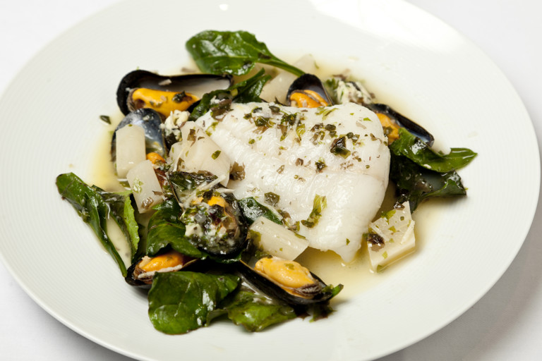 Turbot with mussels, sea vegetables and salsify