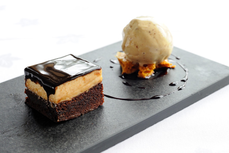 Chocolate and peanut mousse cake with gingerbread ice cream