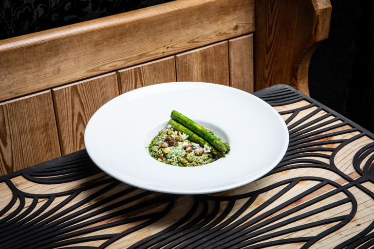 Wild garlic freekeh 'risotto', asparagus and jameed