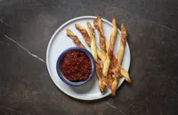 Tomato, pancetta and truffle jam with Parmesan puff pastry sticks