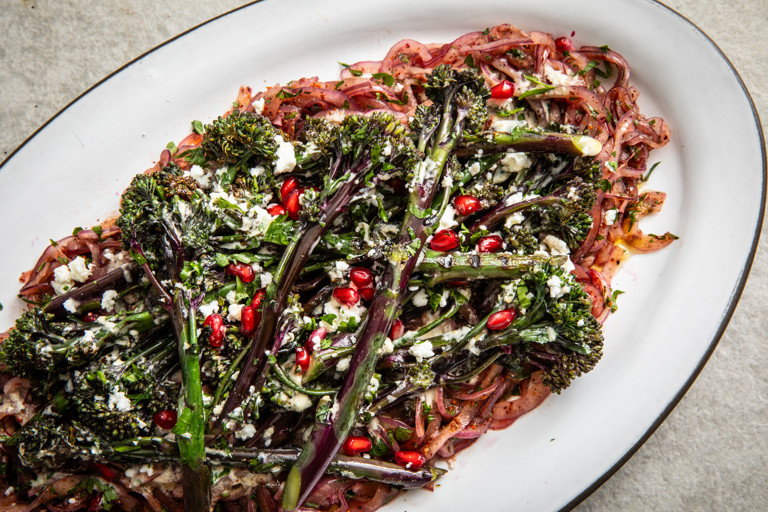 Tenderstem® Purple Broccoli and sumac onion salad with tahini dressing