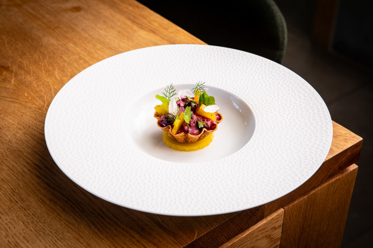 Beetroot tart with poppy seed cream cheese and Sichuan pepper