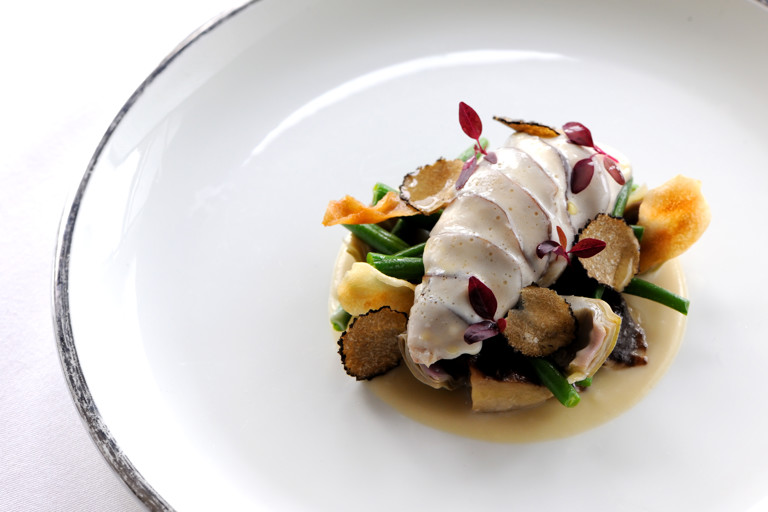 Breast of partridge with shiitake mushroom, baby artichoke, haricot vert and truffle
