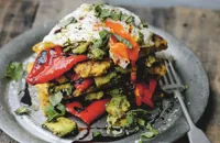 Panelle, grilled Romano peppers, avocado and egg