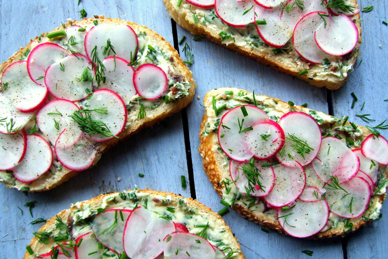 Radish sandwiches with anchovy and herb butter