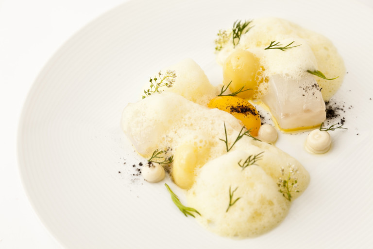 Confit cod with egg yolk and saffron