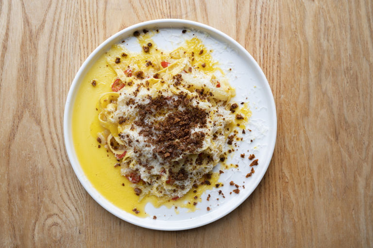 Tagliatelle with confit fennel, chilli and egg yolk