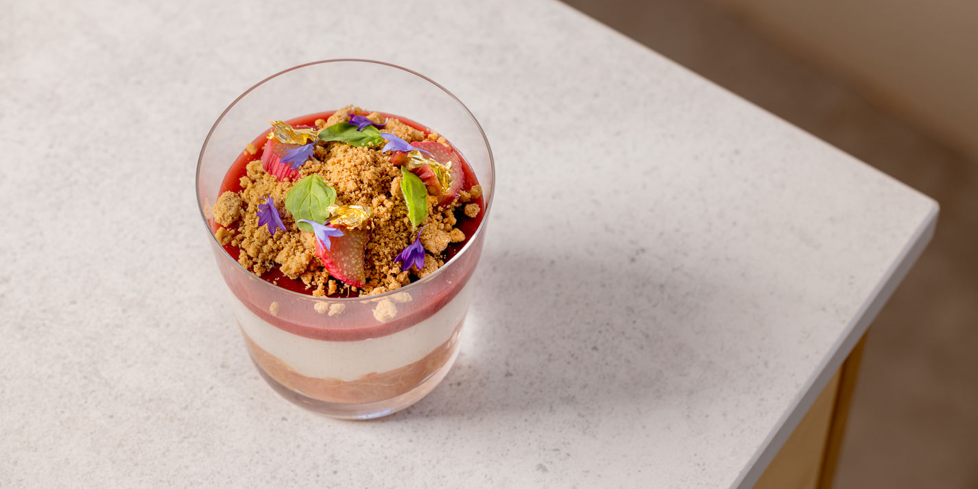 Coconut panna cotta with rhubarb textures and ginger crumble -image