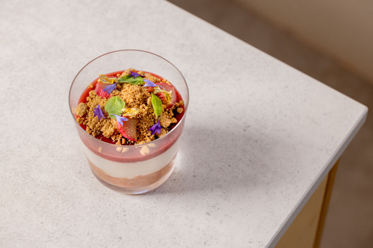 Coconut panna cotta with rhubarb textures and ginger crumble 