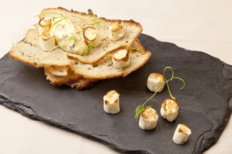 Scallop ballotine on potted shrimp toast