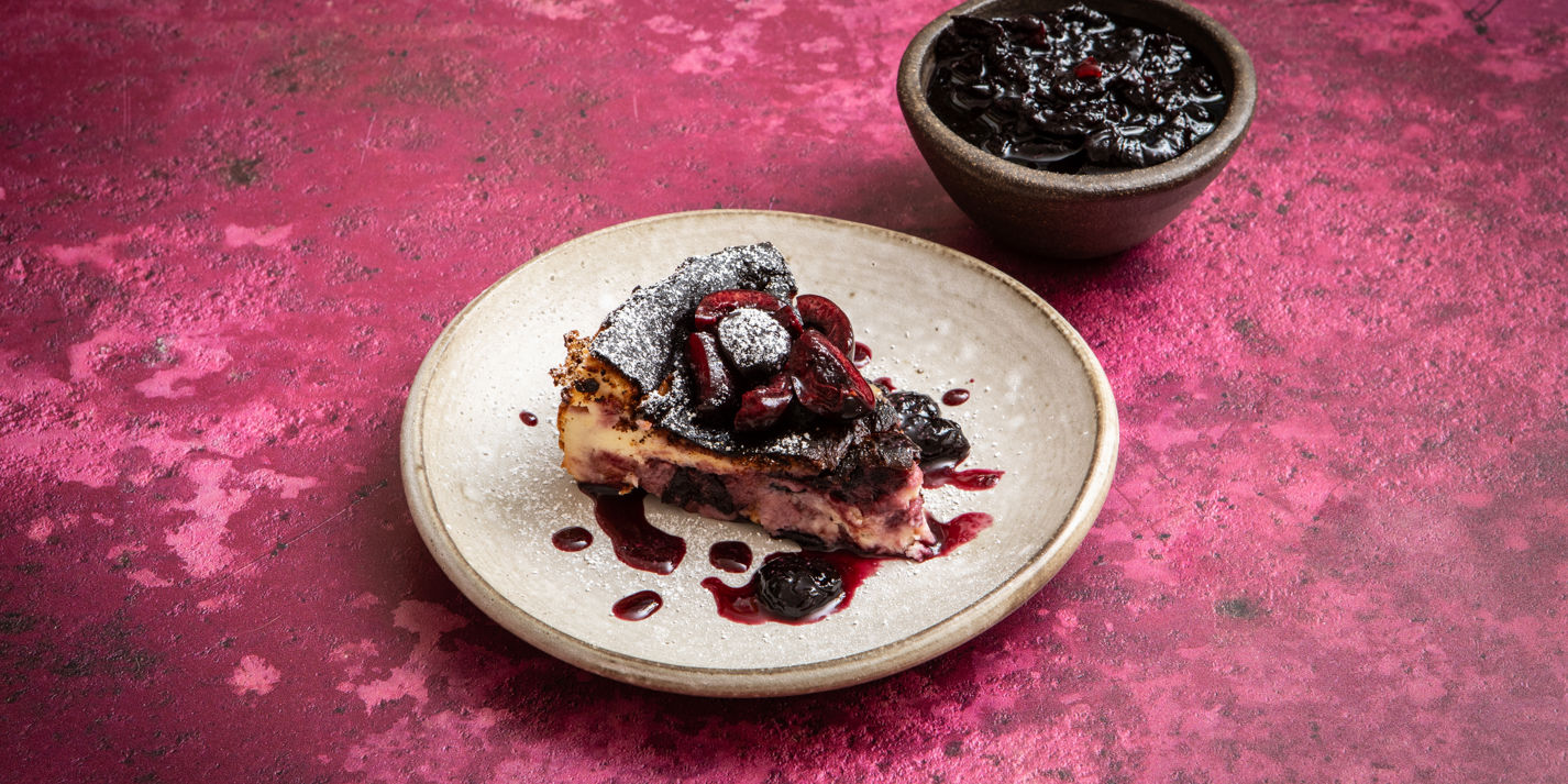 Burnt Basque Cheesecake with Cherry and Balsamic Jam Ripple Recipe - Great British Chefs