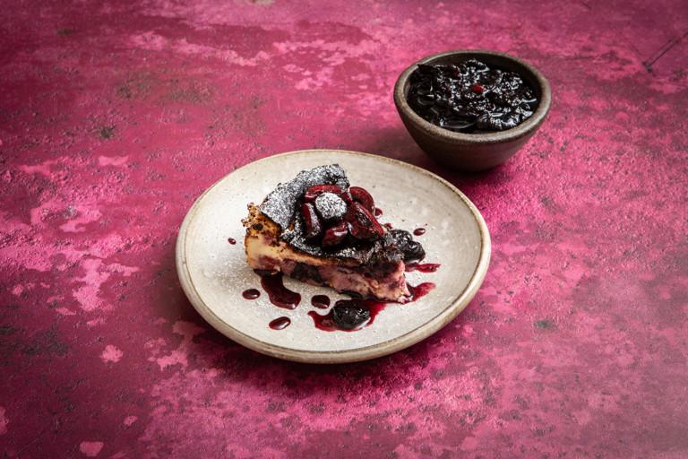 Burnt basque cheesecake with cherry and balsamic jam ripple