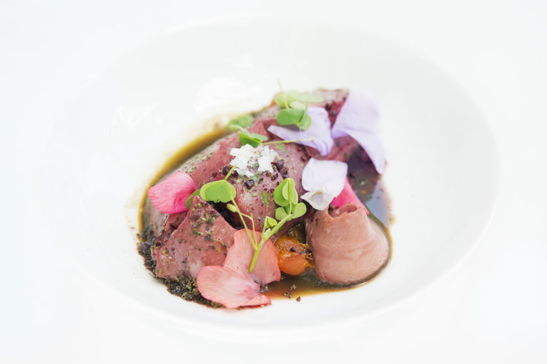 Pigeon with cocoa beans, apricot and artichoke broth