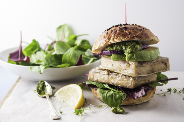 Tempura tofu steak burgers with coriander pesto