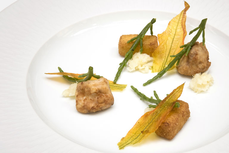 'Picnic in Liguria' - deep-fried calf's brain with lemon kimchi and courgette flowers
