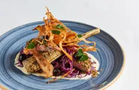 Roast partridge with red cabbage, parsnips and wood sorrel