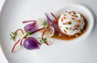 Poached duck egg with roasted onion consommé, lemon thyme and smoked duck 