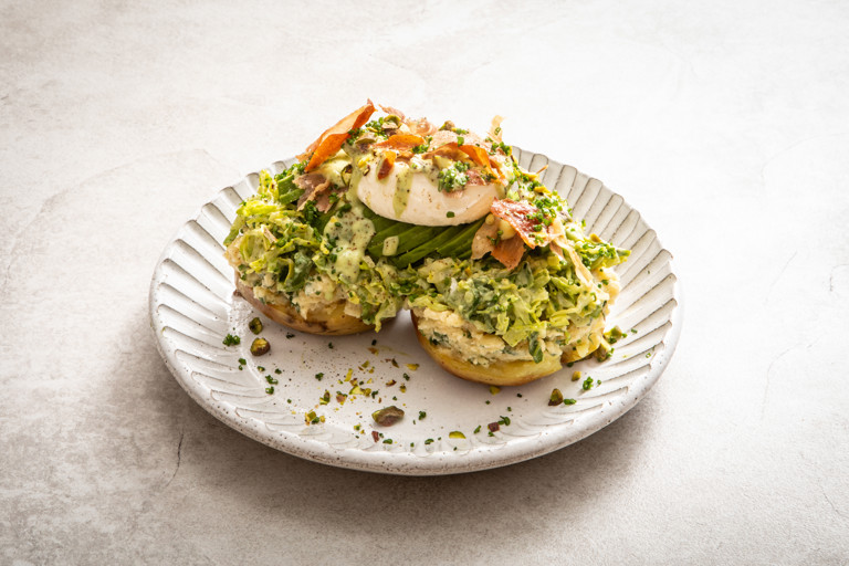 Loaded jacket potatoes with green goddess dressing