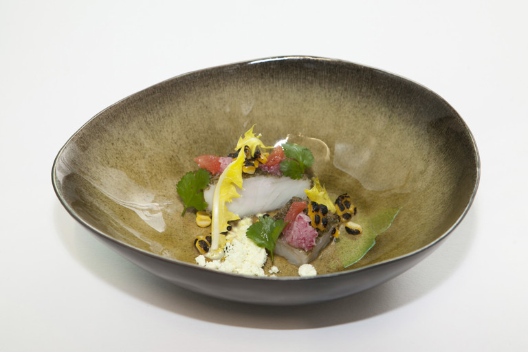 Pollock with kombu seaweed, sweetcorn and grapefruit