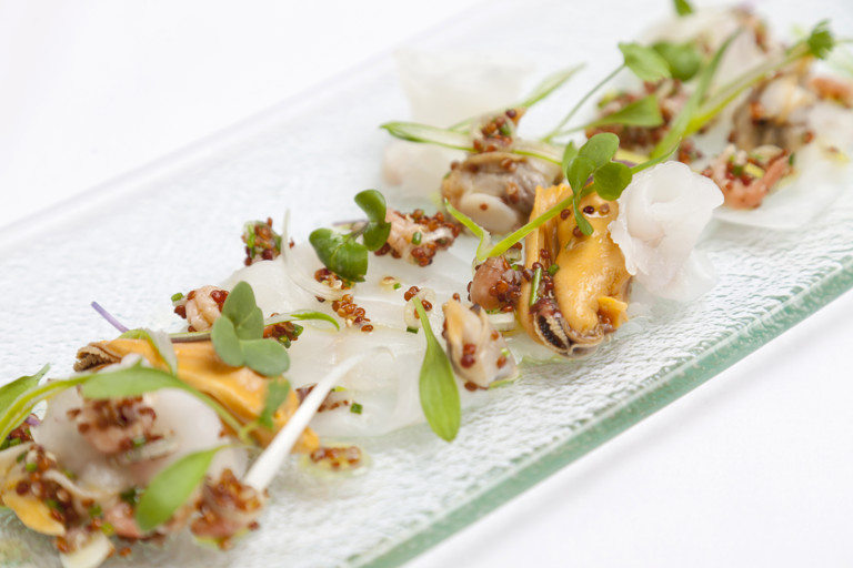 Alaska halibut ceviche with shellfish and spring onion dressing and scorched baby gem lettuce