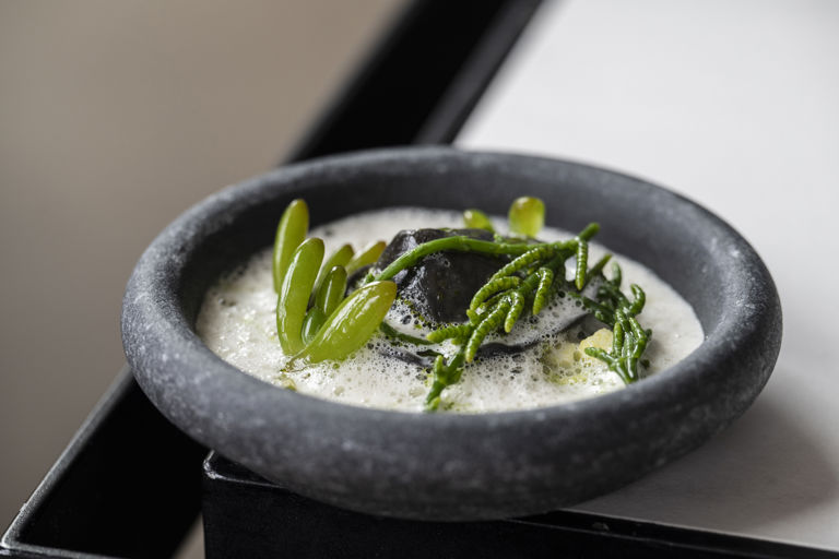 Plaice and crab tortellini, vin jaune, apple, dill, sea herbs