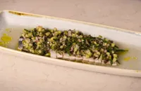Flamed mackerel with cucumber, dill and capers