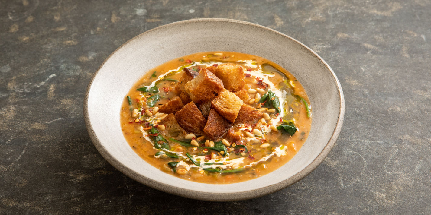 Tuscan Cannellini Bean Soup With Basil Oil, Toasted Pine Nuts and Rosemary Croutons Recipe - Great B