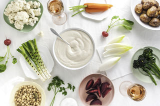 A feast of winter vegetables with silken tofu aioli