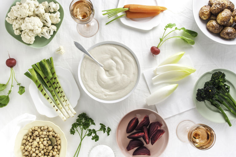 A feast of winter vegetables with silken tofu aioli