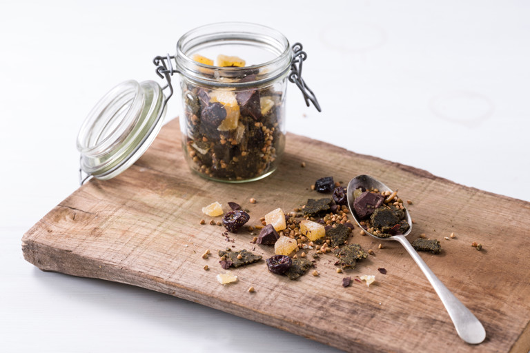 Pumpkin seed and nori crisp scrogan with sour cherries and dark chocolate