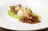 Slow-cooked duck egg with Peking-style leg meat, spring onion purée, cucumber, pancake crumb