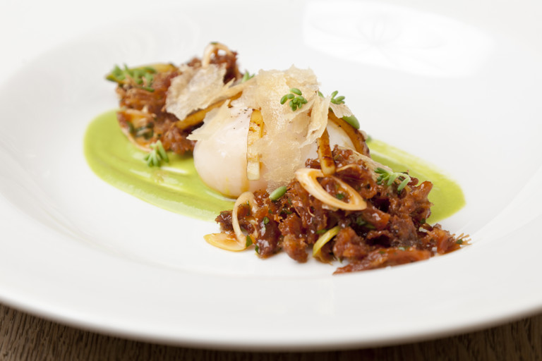 Slow-cooked duck egg with Peking-style leg meat, spring onion purée, cucumber, pancake crumb