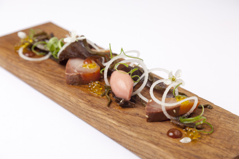 Hamachi with red dulse, olive oil and soy