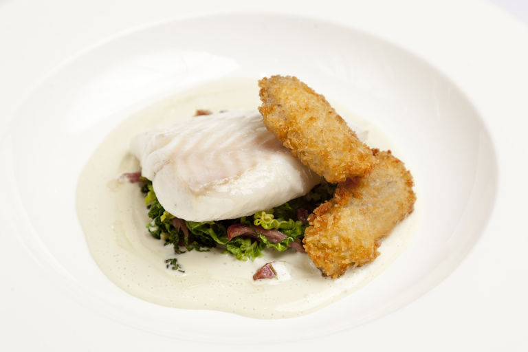 Turbot with oysters, cabbage and bacon
