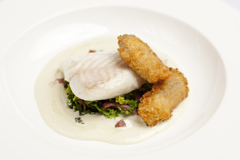 Turbot with oysters, cabbage and bacon