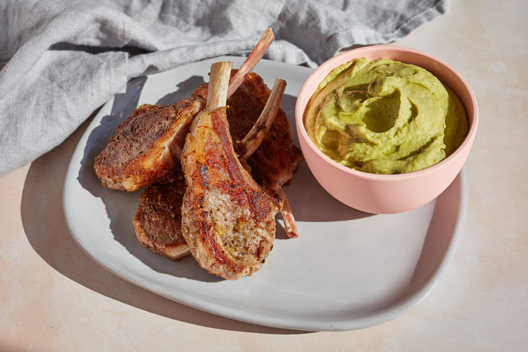 Lamb cutlets with flageolet bean, herb and lemon dip