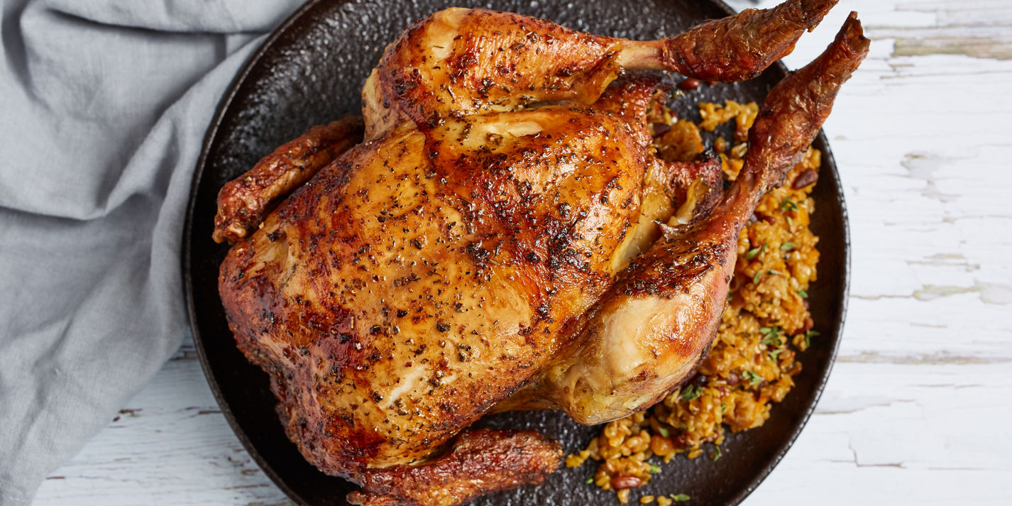 Rotisserie chicken with apricot, pine nut and freekeh stuffing