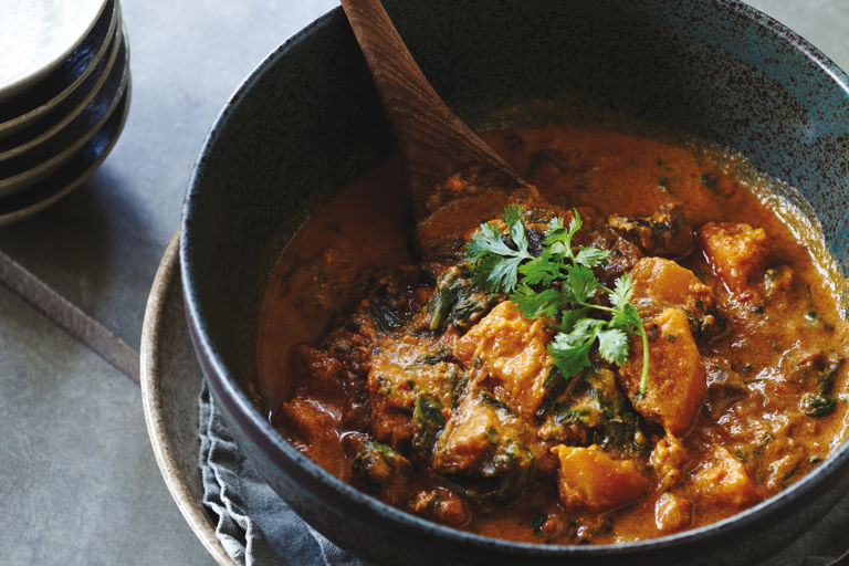 Red butternut squash curry with mushrooms and spinach