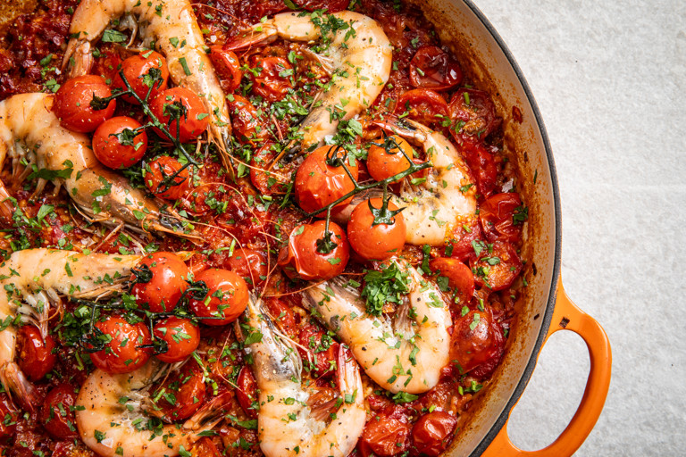 Baked Piccolo tomato rice with prawns and 'nduja