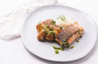 Sous vide salmon with pickled kohlrabi, garden pesto and new potatoes