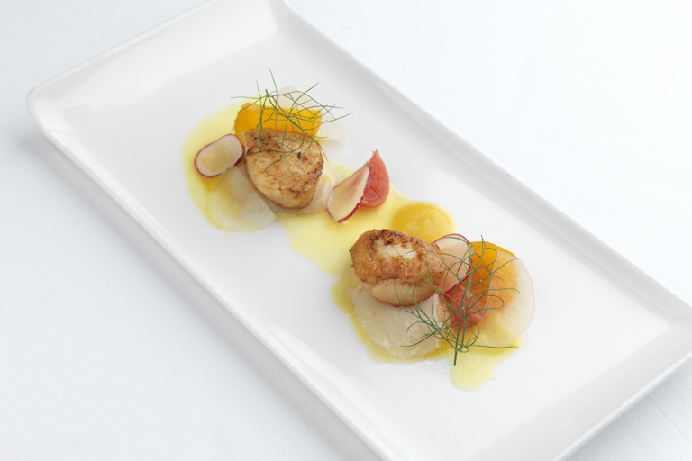 Scallops, ceviche, radish, sharon fruit