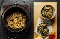Truffle sansai kamameshi  – truffle iron pot rice with Japanese mountain vegetable kakiage