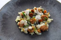 Roasted veal sweetbreads, cockles, cauliflower cous-cous and girolles